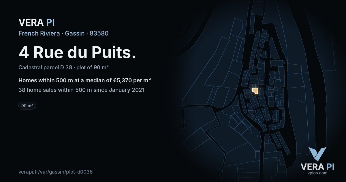 4 Rue du Puits, Gassin at night – the plot lit, the parcels around coloured by the prices near them