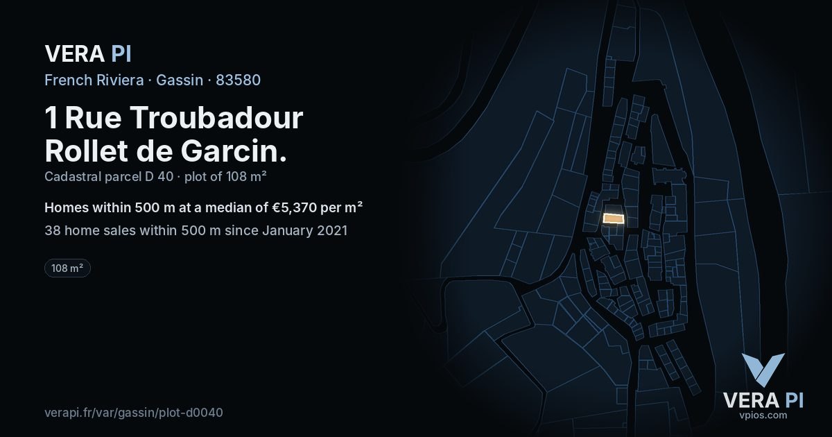 1 Rue Troubadour Rollet de Garcin, Gassin at night – the plot lit, the parcels around coloured by the prices near them