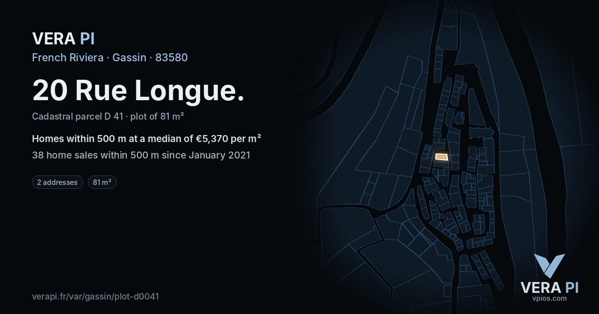 20 Rue Longue, Gassin at night – the plot lit, the parcels around coloured by the prices near them