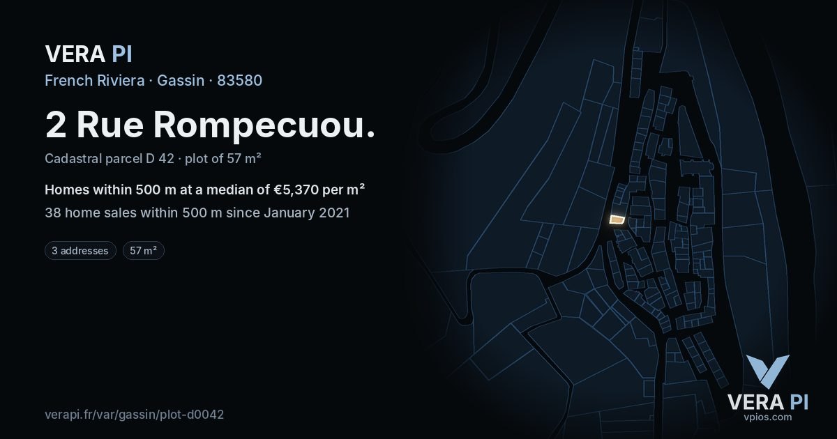 2 Rue Rompecuou, Gassin at night – the plot lit, the parcels around coloured by the prices near them