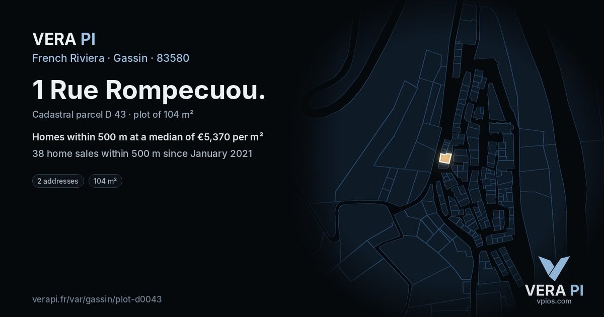 1 Rue Rompecuou, Gassin at night – the plot lit, the parcels around coloured by the prices near them