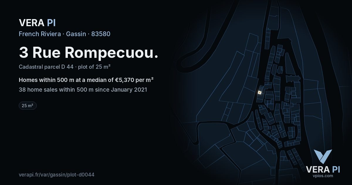 3 Rue Rompecuou, Gassin at night – the plot lit, the parcels around coloured by the prices near them