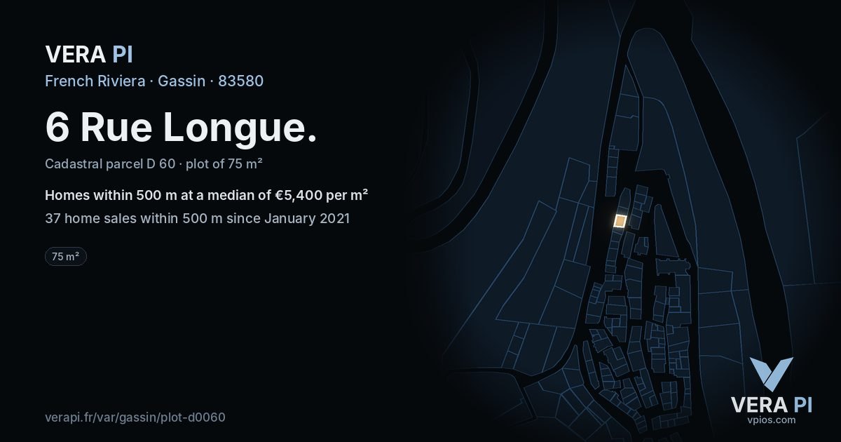 6 Rue Longue, Gassin at night – the plot lit, the parcels around coloured by the prices near them