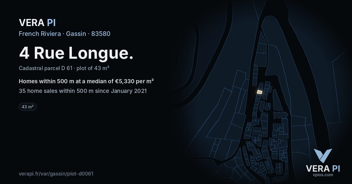 4 Rue Longue, Gassin at night – the plot lit, the parcels around coloured by the prices near them