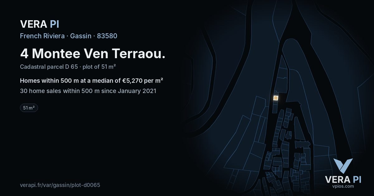 4 Montee Ven Terraou, Gassin at night – the plot lit, the parcels around coloured by the prices near them