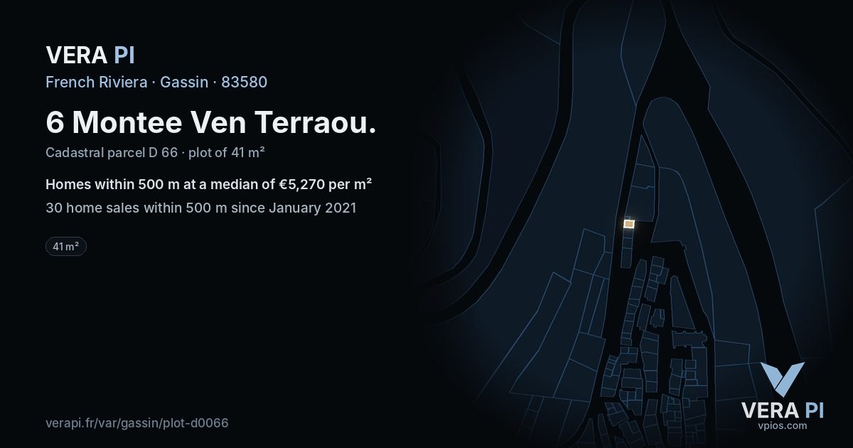 6 Montee Ven Terraou, Gassin at night – the plot lit, the parcels around coloured by the prices near them