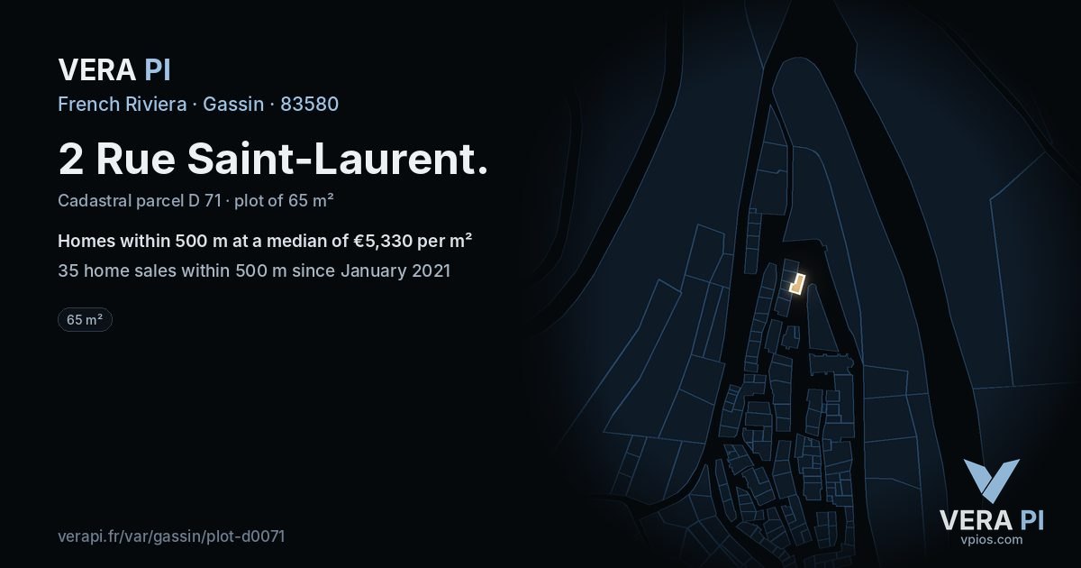 2 Rue Saint-Laurent, Gassin at night – the plot lit, the parcels around coloured by the prices near them