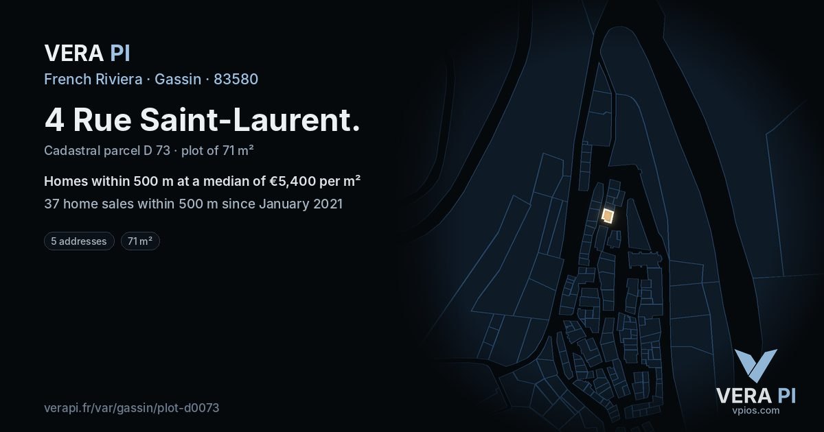 4 Rue Saint-Laurent, Gassin at night – the plot lit, the parcels around coloured by the prices near them