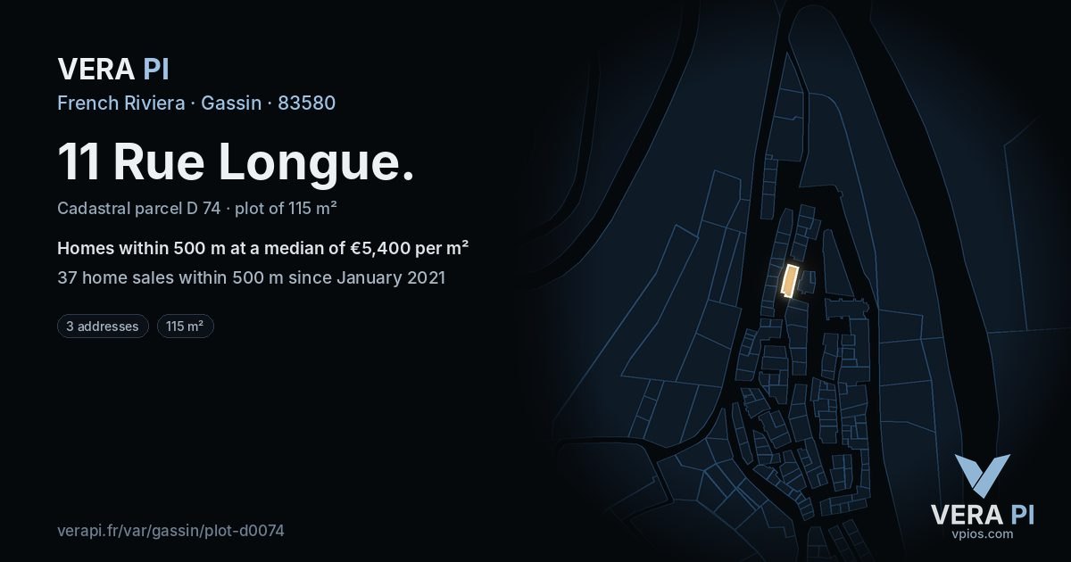 11 Rue Longue, Gassin at night – the plot lit, the parcels around coloured by the prices near them