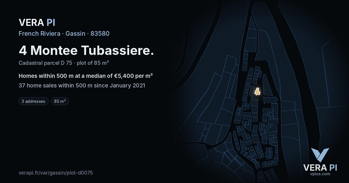 4 Montee Tubassiere, Gassin at night – the plot lit, the parcels around coloured by the prices near them