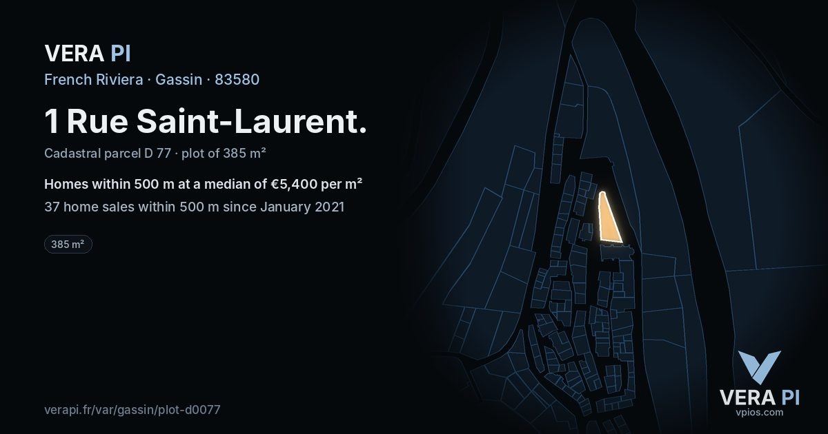 1 Rue Saint-Laurent, Gassin at night – the plot lit, the parcels around coloured by the prices near them