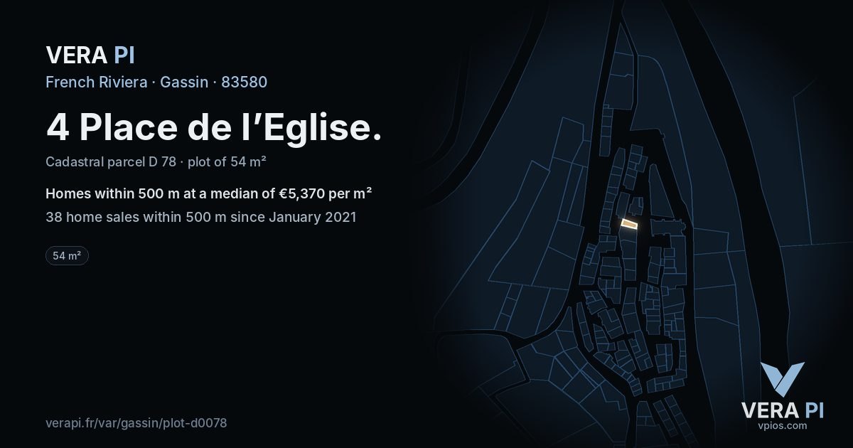 4 Place de l’Eglise, Gassin at night – the plot lit, the parcels around coloured by the prices near them