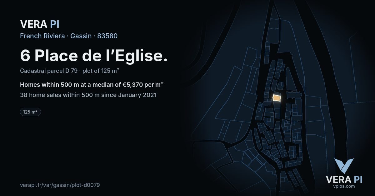6 Place de l’Eglise, Gassin at night – the plot lit, the parcels around coloured by the prices near them