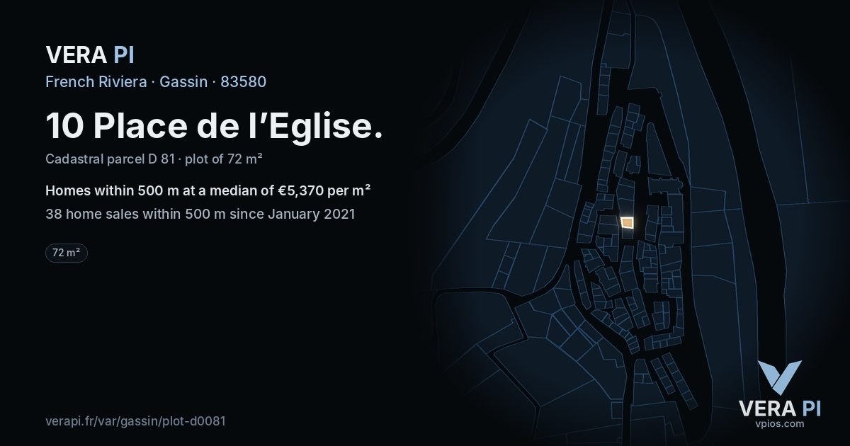 10 Place de l’Eglise, Gassin at night – the plot lit, the parcels around coloured by the prices near them