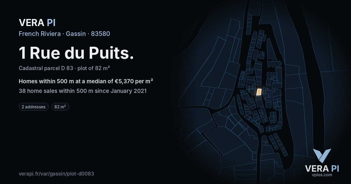 1 Rue du Puits, Gassin at night – the plot lit, the parcels around coloured by the prices near them