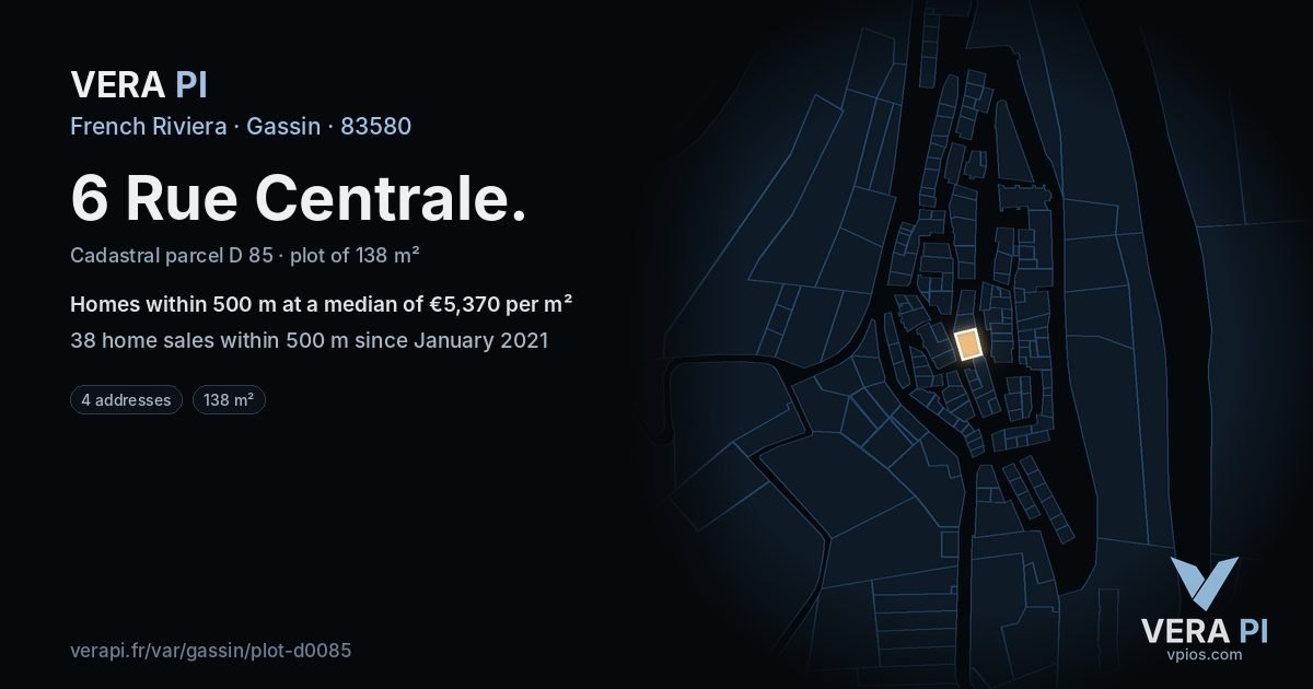 6 Rue Centrale, Gassin at night – the plot lit, the parcels around coloured by the prices near them