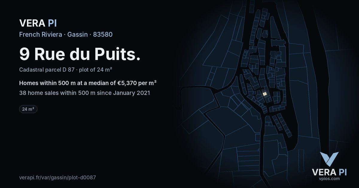 9 Rue du Puits, Gassin at night – the plot lit, the parcels around coloured by the prices near them
