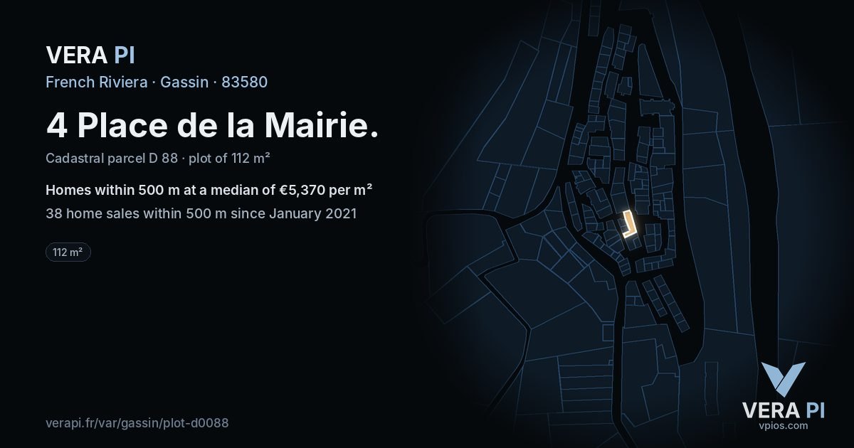 4 Place de la Mairie, Gassin at night – the plot lit, the parcels around coloured by the prices near them