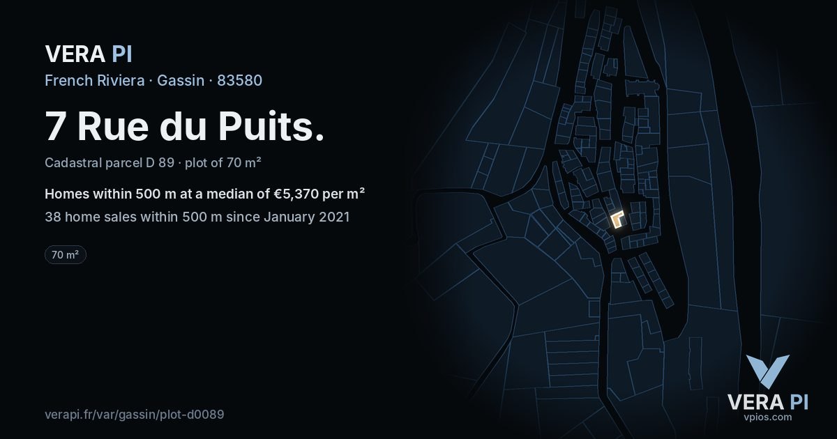 7 Rue du Puits, Gassin at night – the plot lit, the parcels around coloured by the prices near them