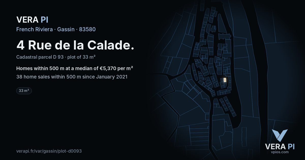 4 Rue de la Calade, Gassin at night – the plot lit, the parcels around coloured by the prices near them