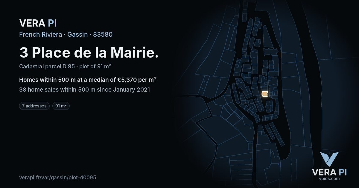 3 Place de la Mairie, Gassin at night – the plot lit, the parcels around coloured by the prices near them