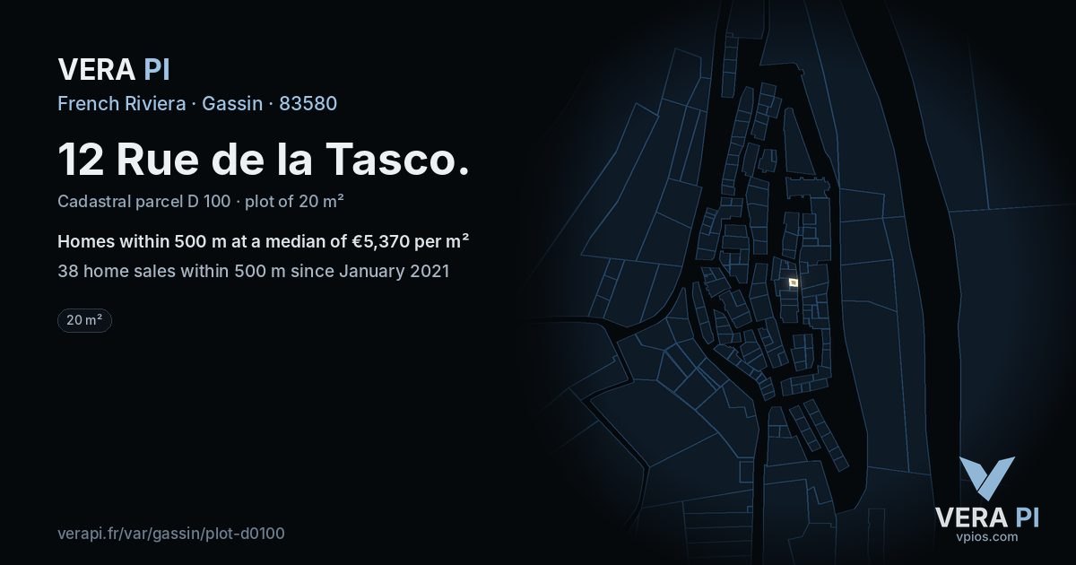 12 Rue de la Tasco, Gassin at night – the plot lit, the parcels around coloured by the prices near them