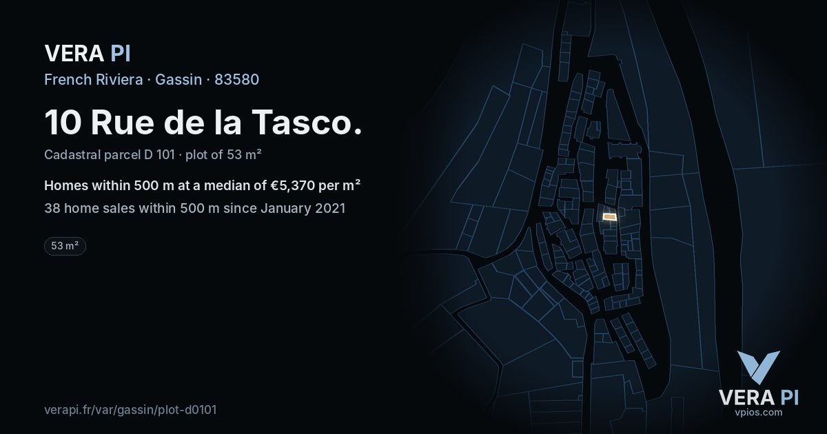 10 Rue de la Tasco, Gassin at night – the plot lit, the parcels around coloured by the prices near them