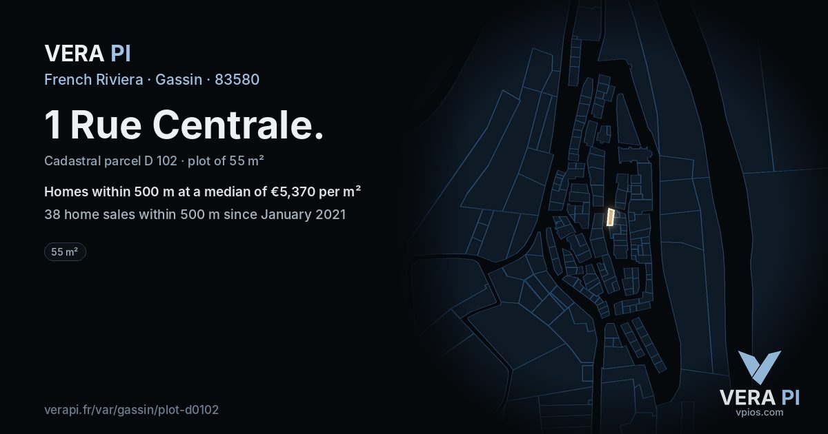 1 Rue Centrale, Gassin at night – the plot lit, the parcels around coloured by the prices near them