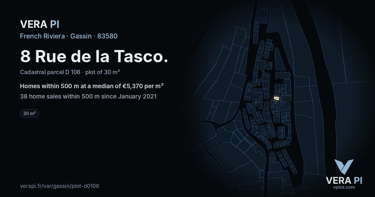 8 Rue de la Tasco, Gassin at night – the plot lit, the parcels around coloured by the prices near them