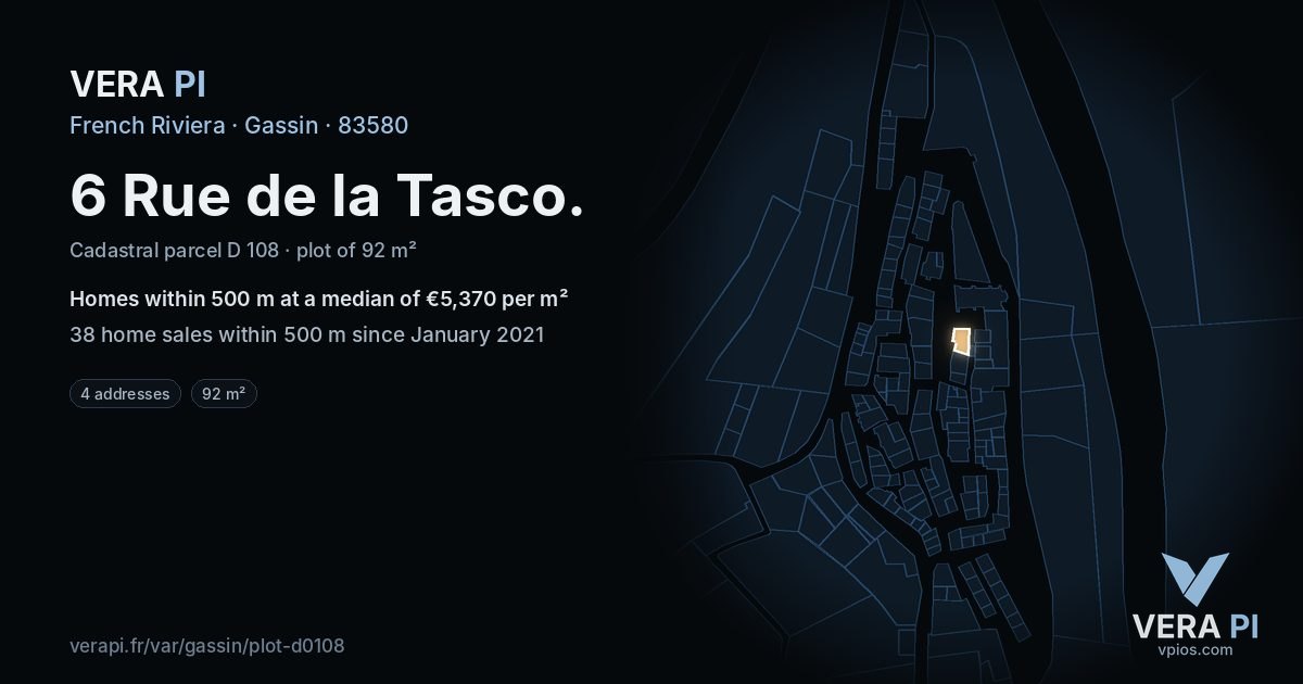 6 Rue de la Tasco, Gassin at night – the plot lit, the parcels around coloured by the prices near them
