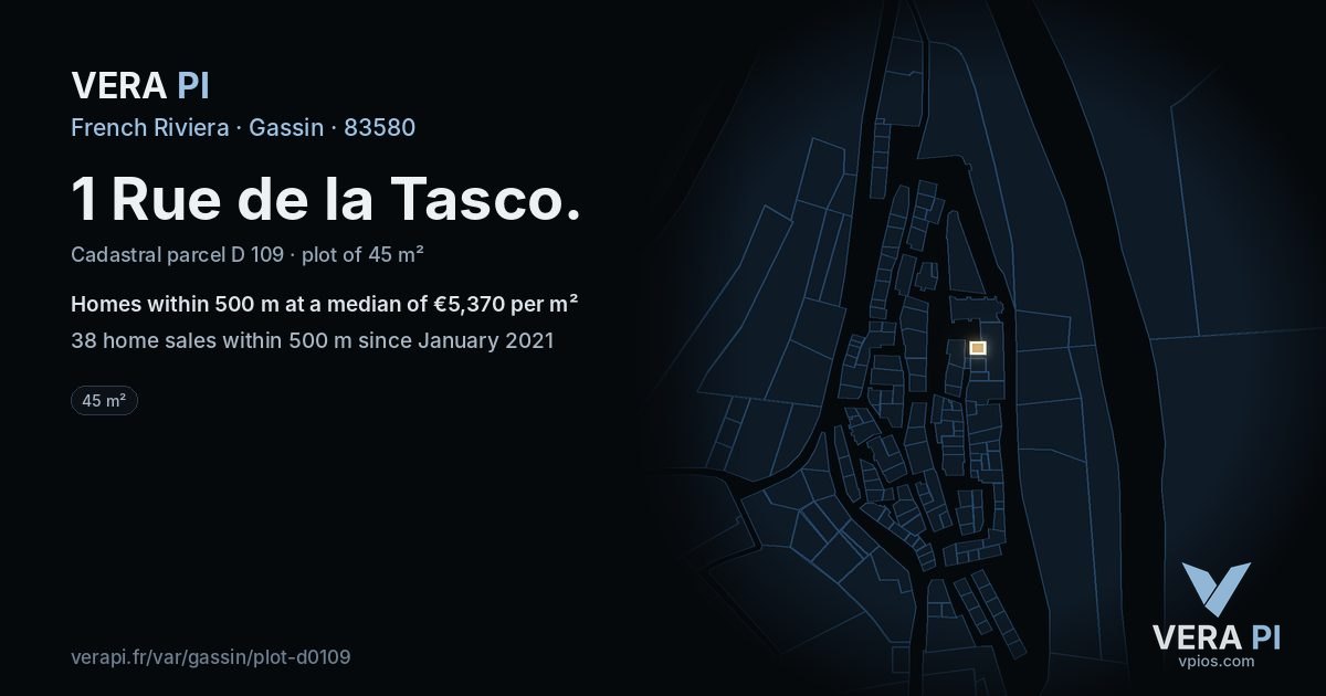 1 Rue de la Tasco, Gassin at night – the plot lit, the parcels around coloured by the prices near them