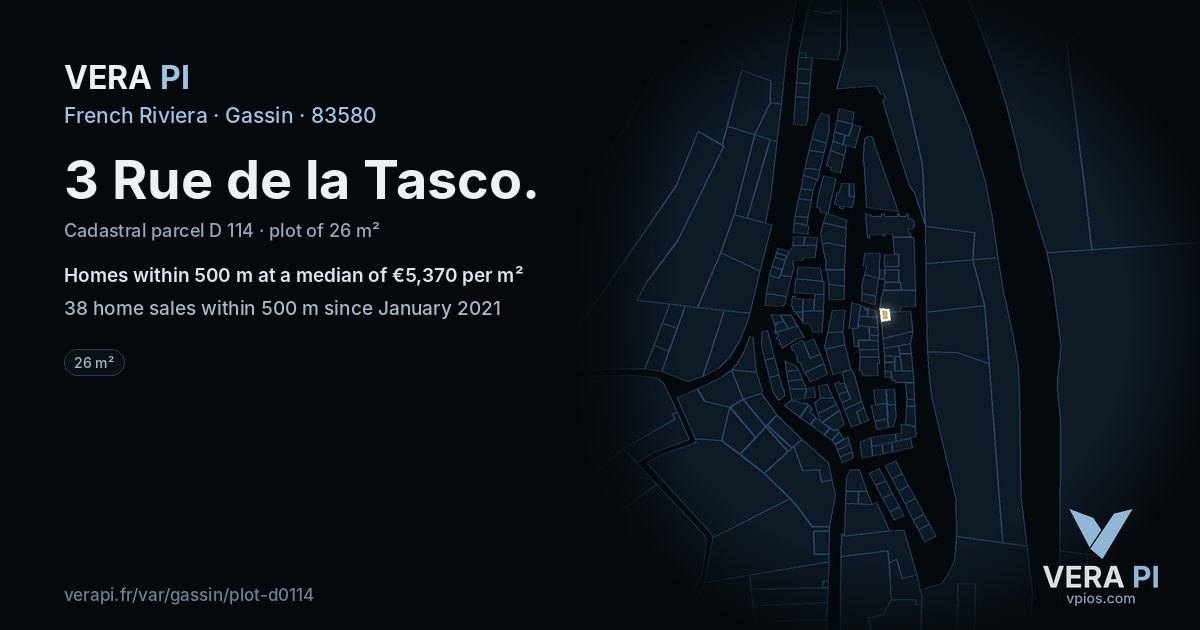 3 Rue de la Tasco, Gassin at night – the plot lit, the parcels around coloured by the prices near them