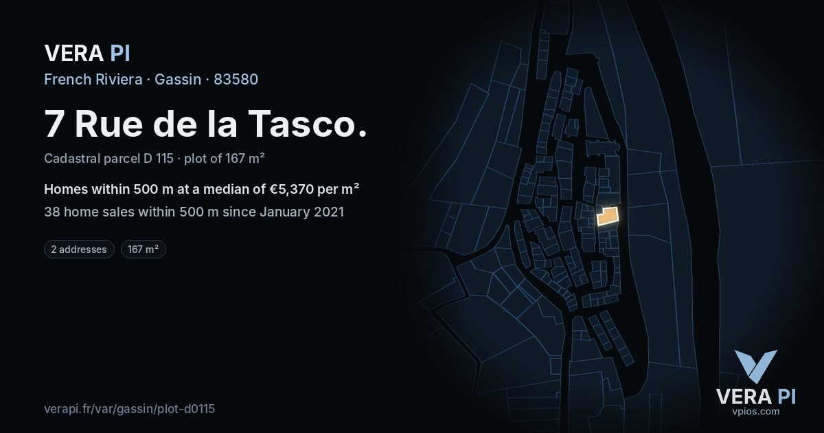 7 Rue de la Tasco, Gassin at night – the plot lit, the parcels around coloured by the prices near them
