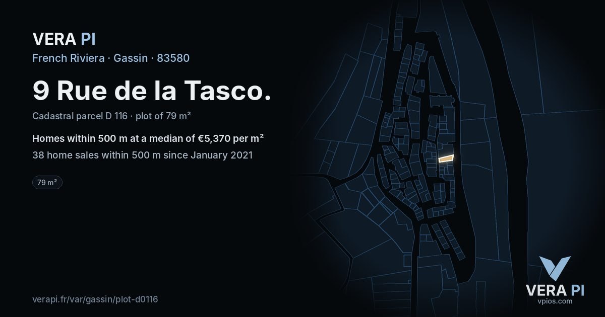 9 Rue de la Tasco, Gassin at night – the plot lit, the parcels around coloured by the prices near them