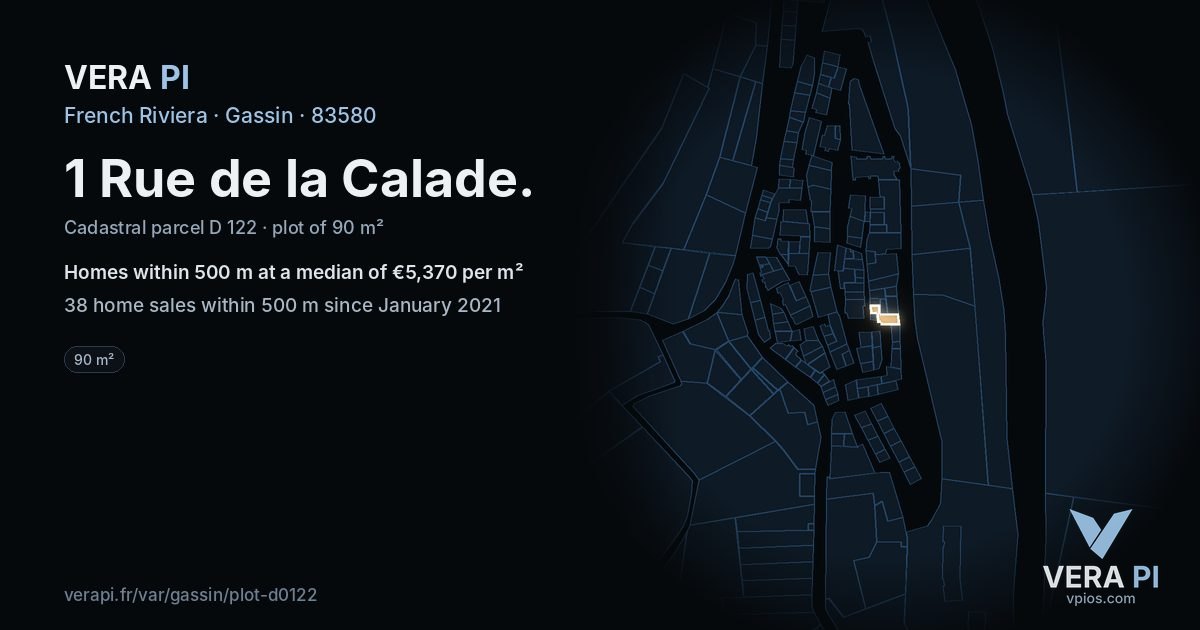 1 Rue de la Calade, Gassin at night – the plot lit, the parcels around coloured by the prices near them