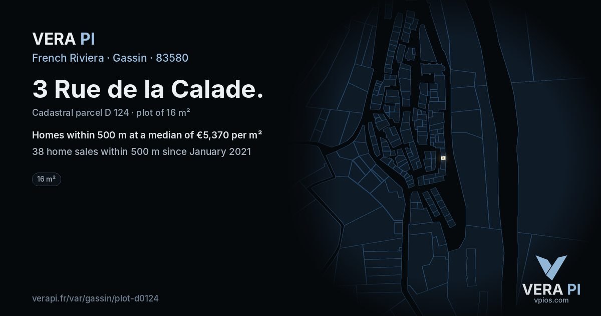 3 Rue de la Calade, Gassin at night – the plot lit, the parcels around coloured by the prices near them