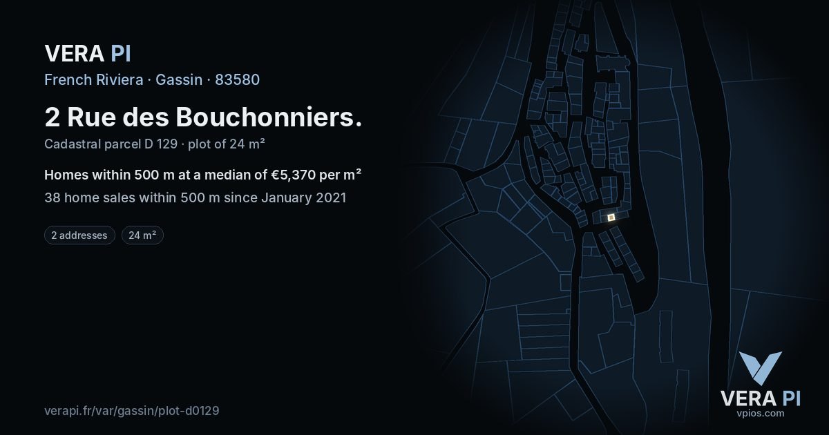 2 Rue des Bouchonniers, Gassin at night – the plot lit, the parcels around coloured by the prices near them