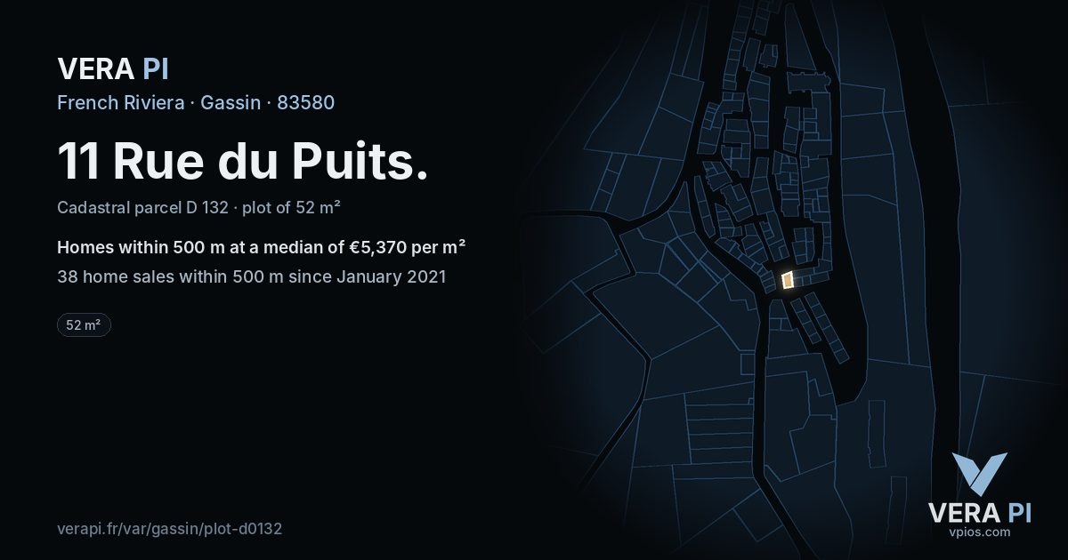 11 Rue du Puits, Gassin at night – the plot lit, the parcels around coloured by the prices near them