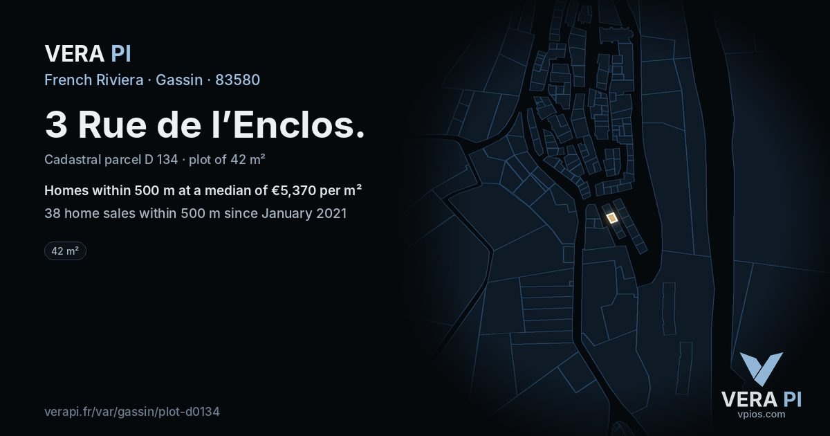 3 Rue de l’Enclos, Gassin at night – the plot lit, the parcels around coloured by the prices near them