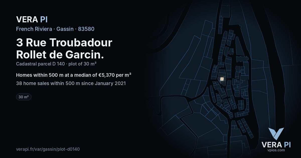 3 Rue Troubadour Rollet de Garcin, Gassin at night – the plot lit, the parcels around coloured by the prices near them