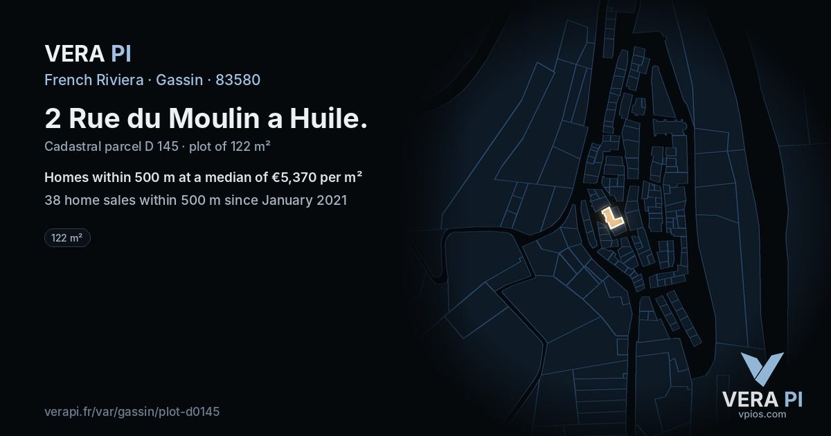 2 Rue du Moulin a Huile, Gassin at night – the plot lit, the parcels around coloured by the prices near them