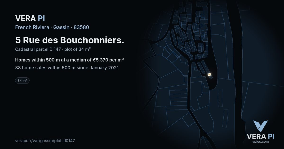 5 Rue des Bouchonniers, Gassin at night – the plot lit, the parcels around coloured by the prices near them