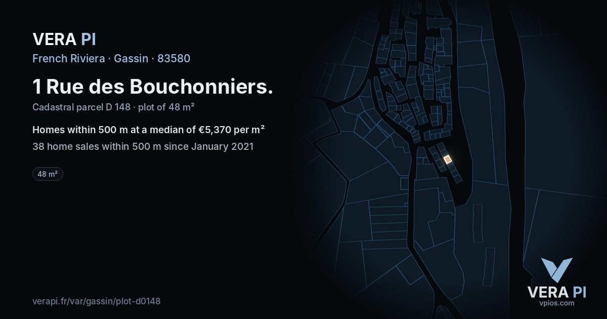 1 Rue des Bouchonniers, Gassin at night – the plot lit, the parcels around coloured by the prices near them