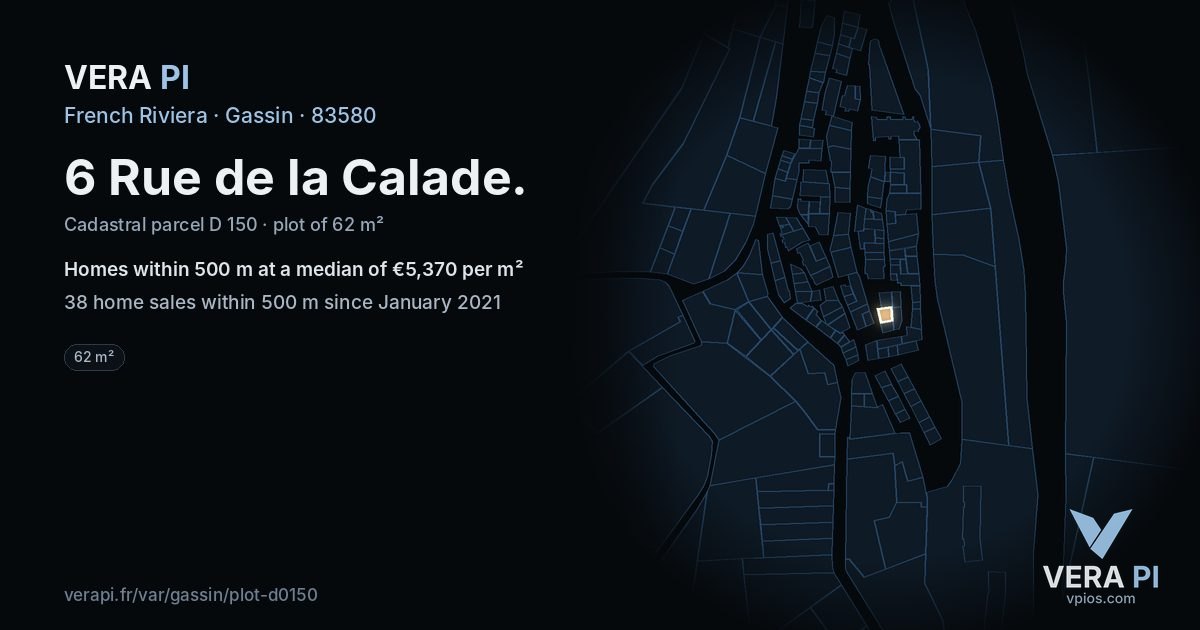 6 Rue de la Calade, Gassin at night – the plot lit, the parcels around coloured by the prices near them