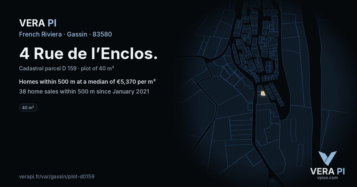4 Rue de l’Enclos, Gassin at night – the plot lit, the parcels around coloured by the prices near them