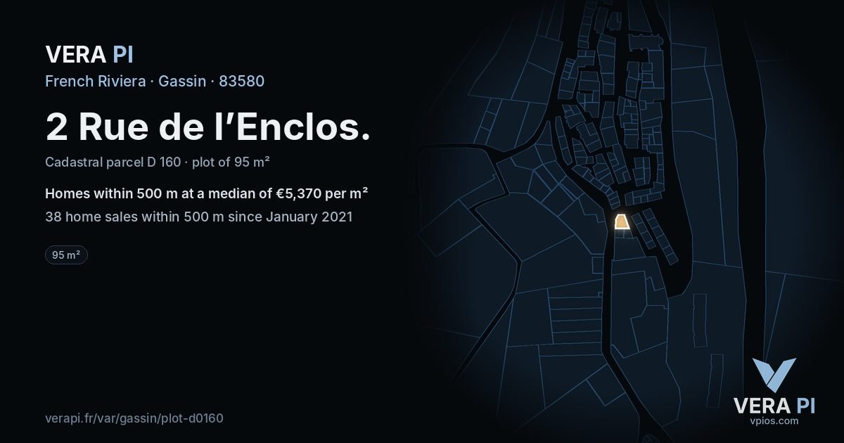 2 Rue de l’Enclos, Gassin at night – the plot lit, the parcels around coloured by the prices near them
