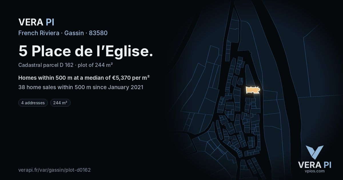 5 Place de l’Eglise, Gassin at night – the plot lit, the parcels around coloured by the prices near them