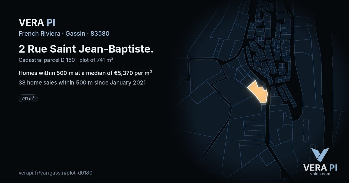 2 Rue Saint Jean-Baptiste, Gassin at night – the plot lit, the parcels around coloured by the prices near them