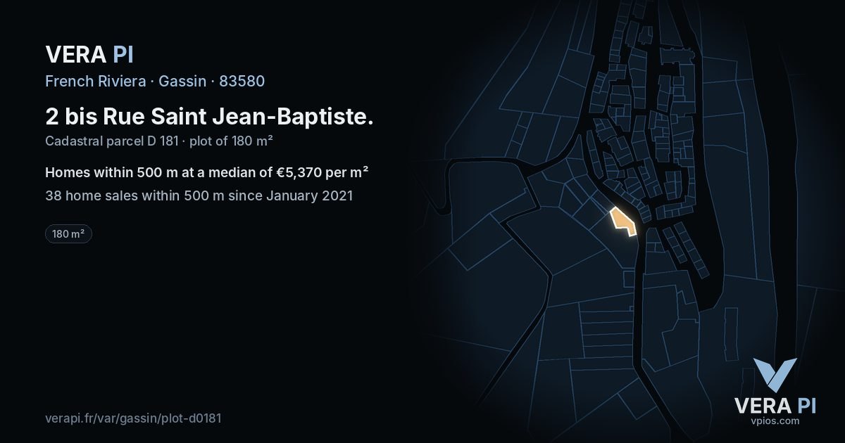 2 bis Rue Saint Jean-Baptiste, Gassin at night – the plot lit, the parcels around coloured by the prices near them