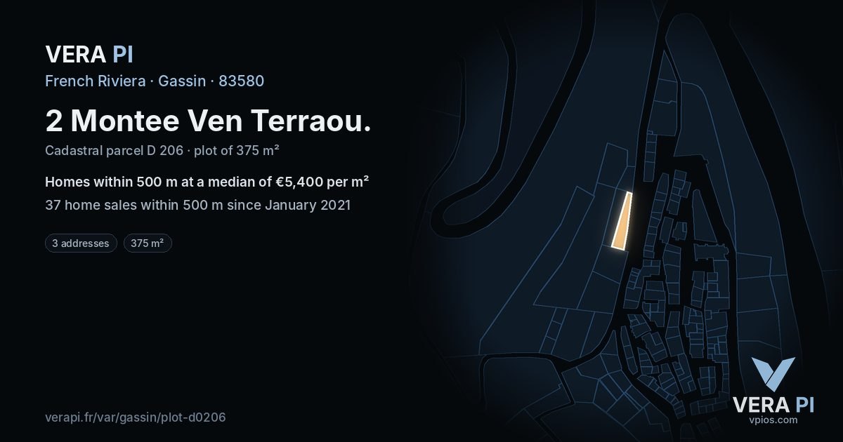 2 Montee Ven Terraou, Gassin at night – the plot lit, the parcels around coloured by the prices near them